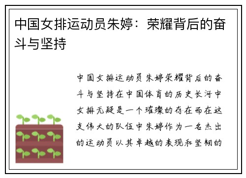 中国女排运动员朱婷：荣耀背后的奋斗与坚持